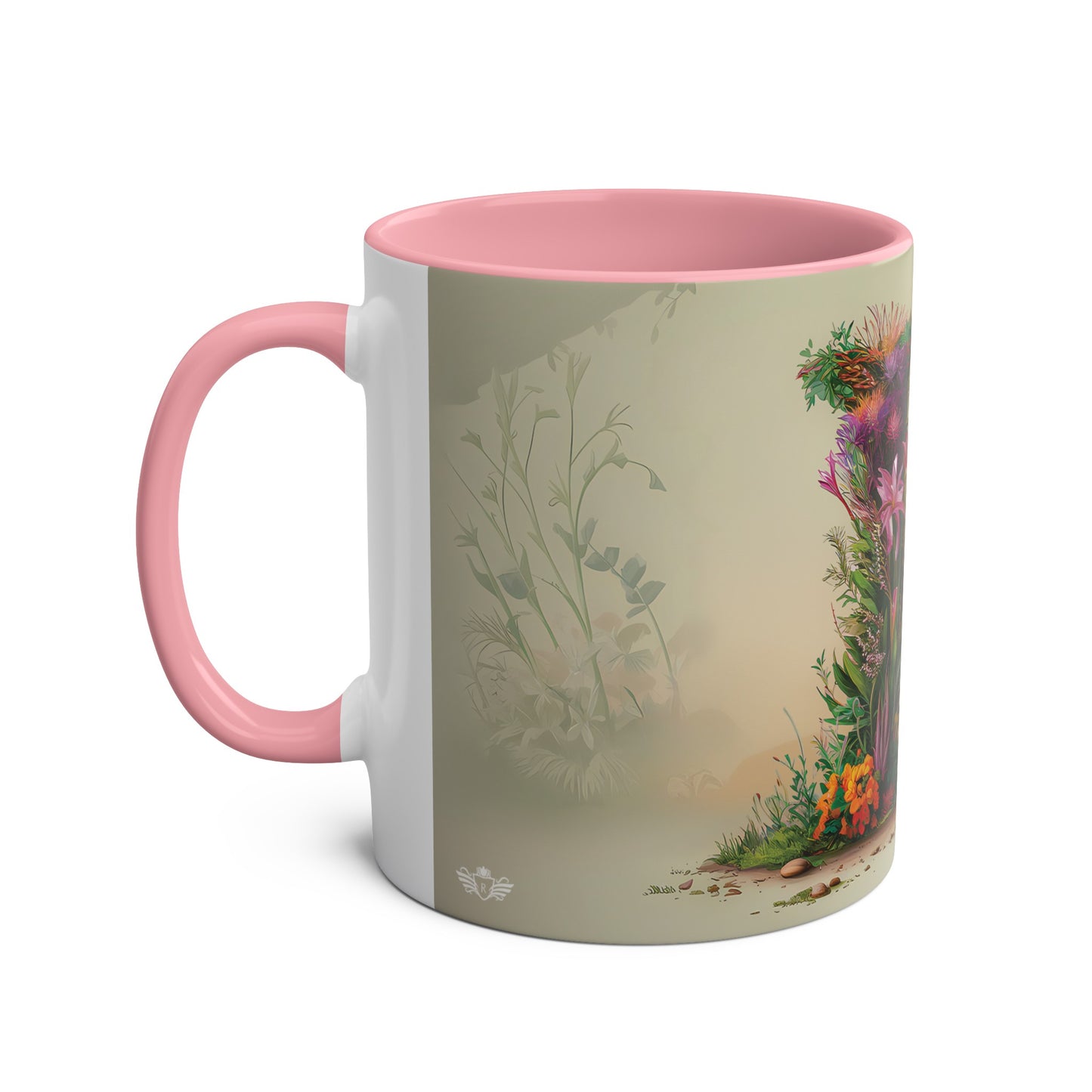 Floral Fantasy Two-Tone Ceramic Mug with Letter K Pink-02