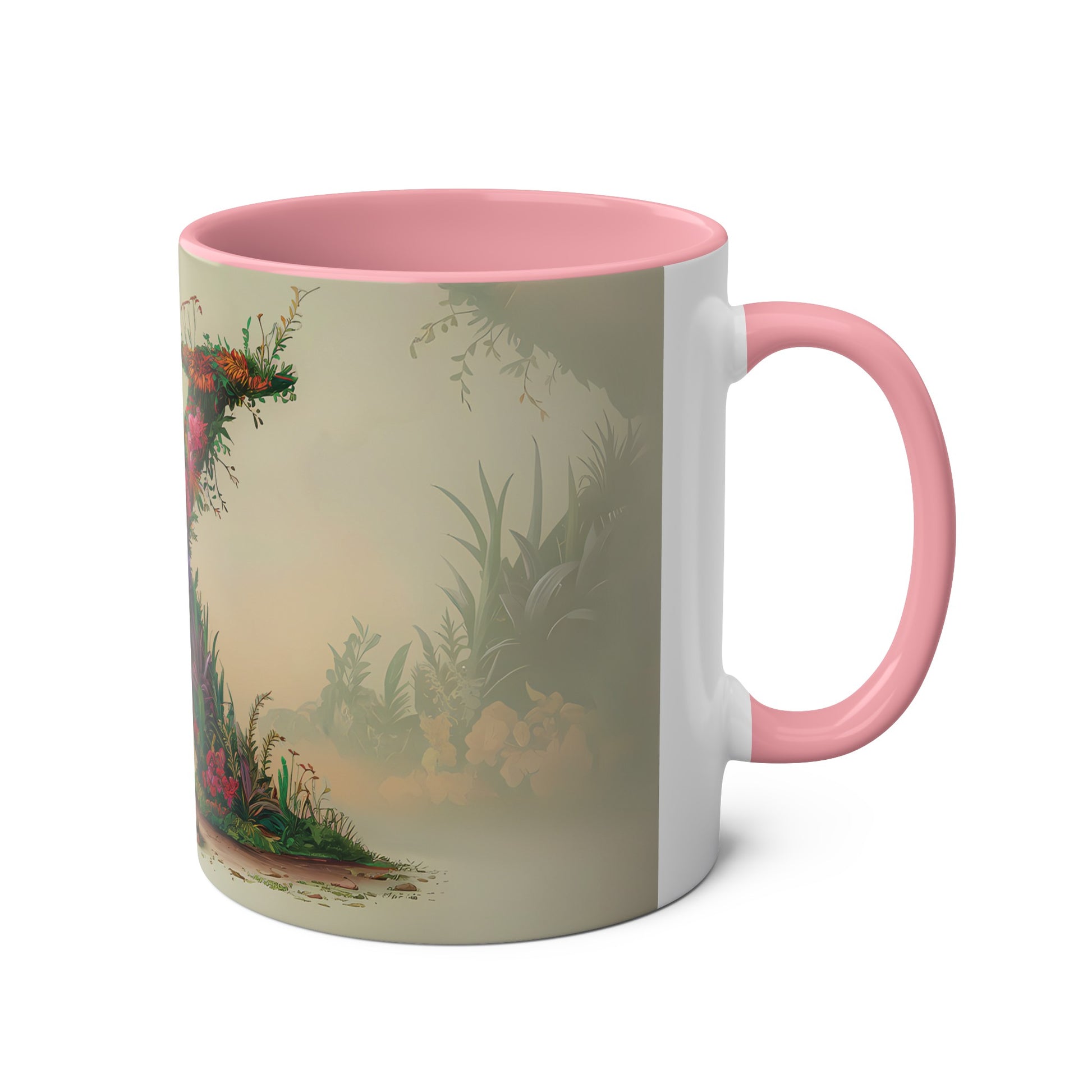 Floral Fantasy Two-Tone Ceramic Mug with Letter K Pink-03