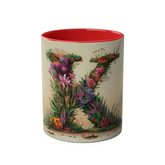 Floral Fantasy Two-Tone Ceramic Mug with Letter K Red-01