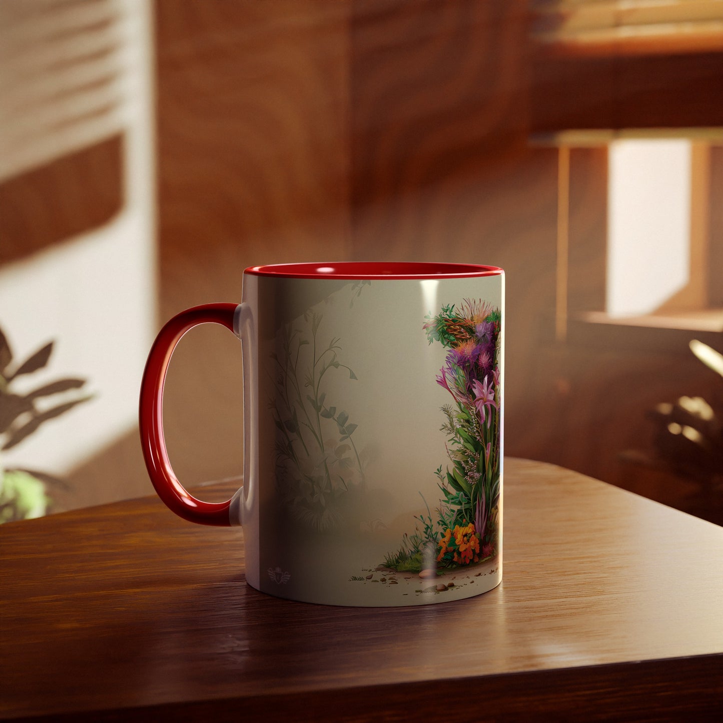 Floral Fantasy Two-Tone Ceramic Mug with Letter K Red-04