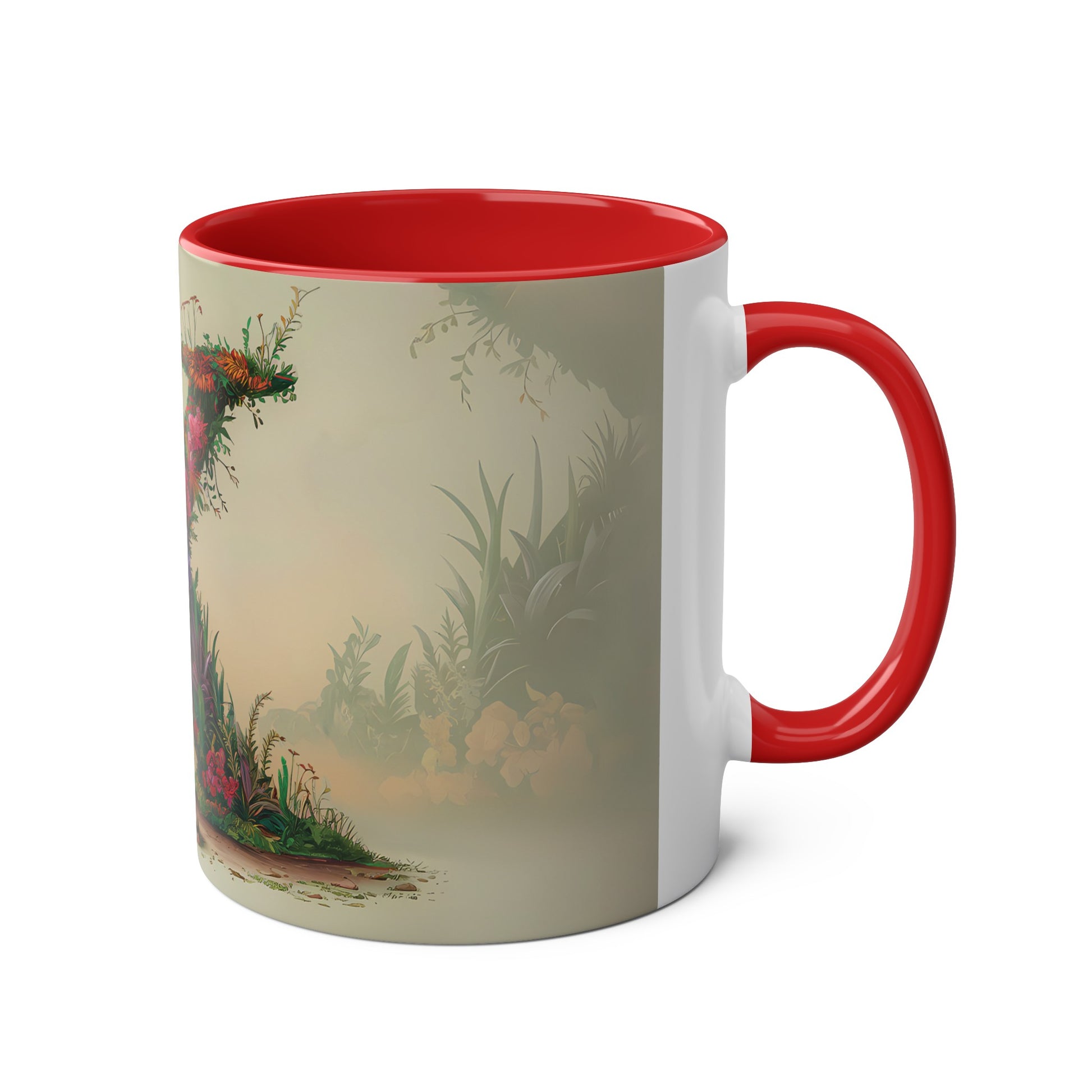 Floral Fantasy Two-Tone Ceramic Mug with Letter K Red-03