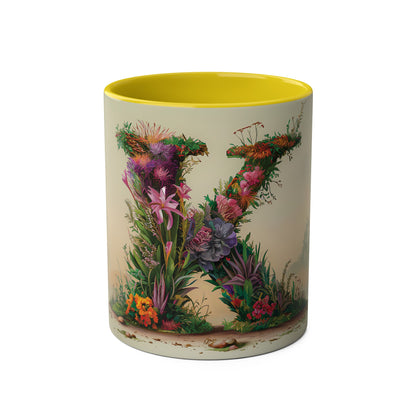 Floral Fantasy Two-Tone Ceramic Mug with Letter K Yellow-01