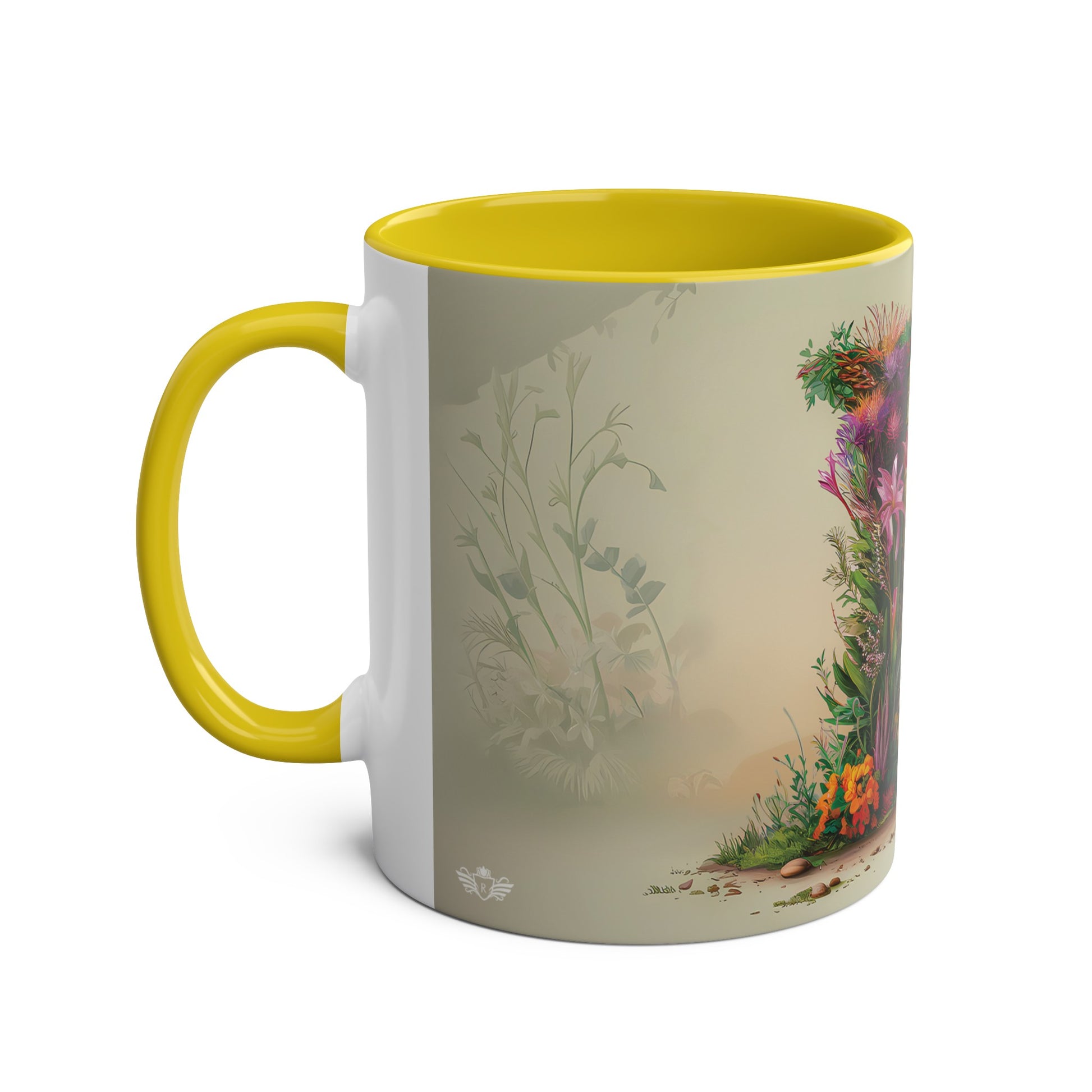 Floral Fantasy Two-Tone Ceramic Mug with Letter K Yellow-02