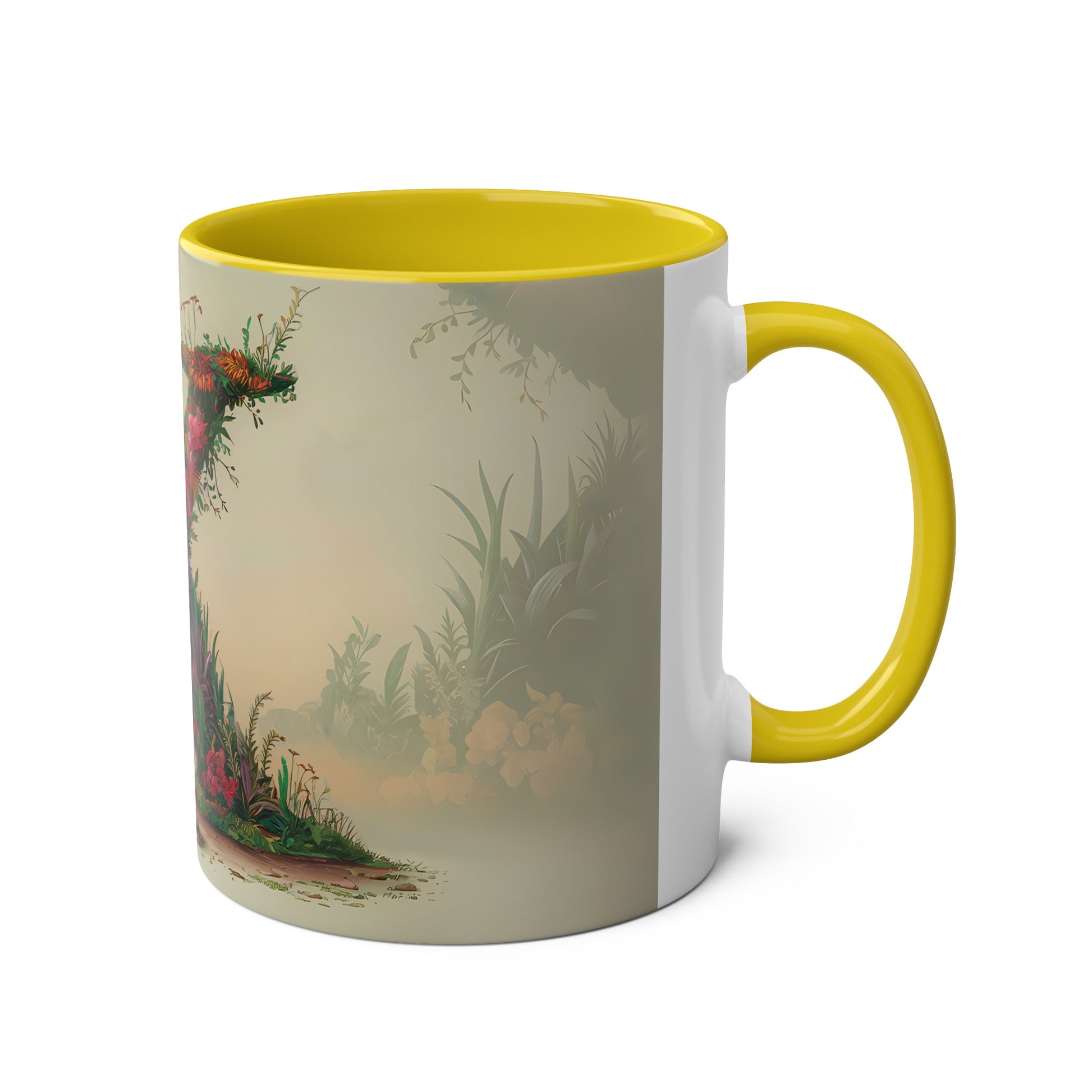 Floral Fantasy Two-Tone Ceramic Mug with Letter K Yellow-03