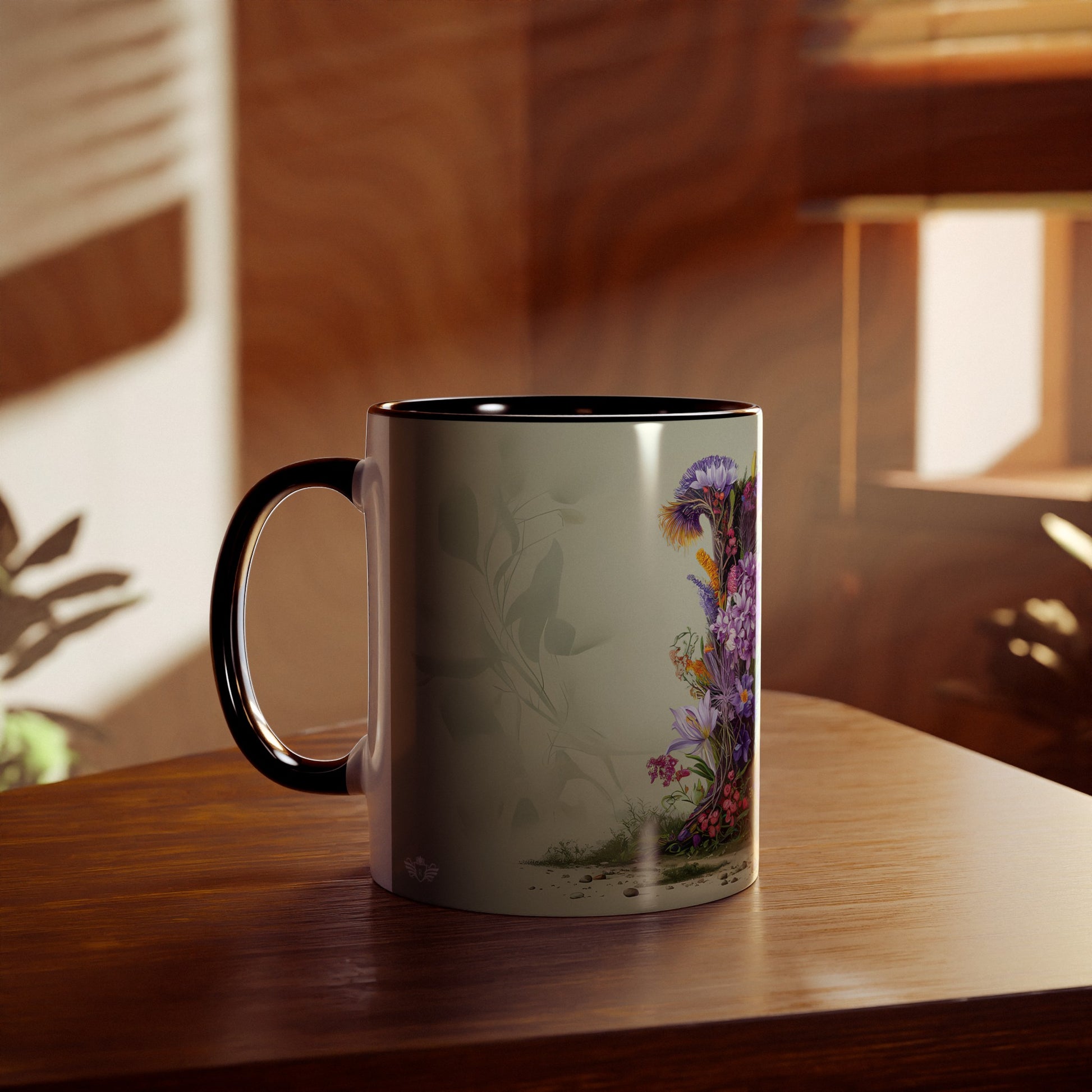 Floral Fantasy Two-Tone Ceramic Mug with Letter L Black-04