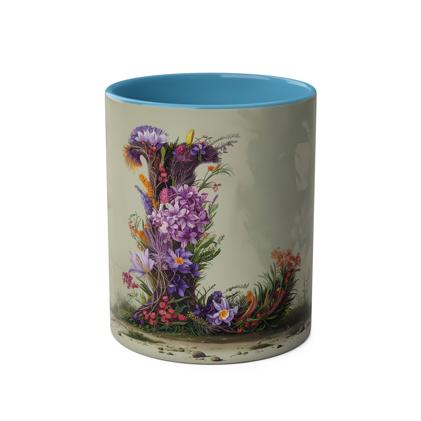 Floral Fantasy Two-Tone Ceramic Mug with Letter L Blue-01