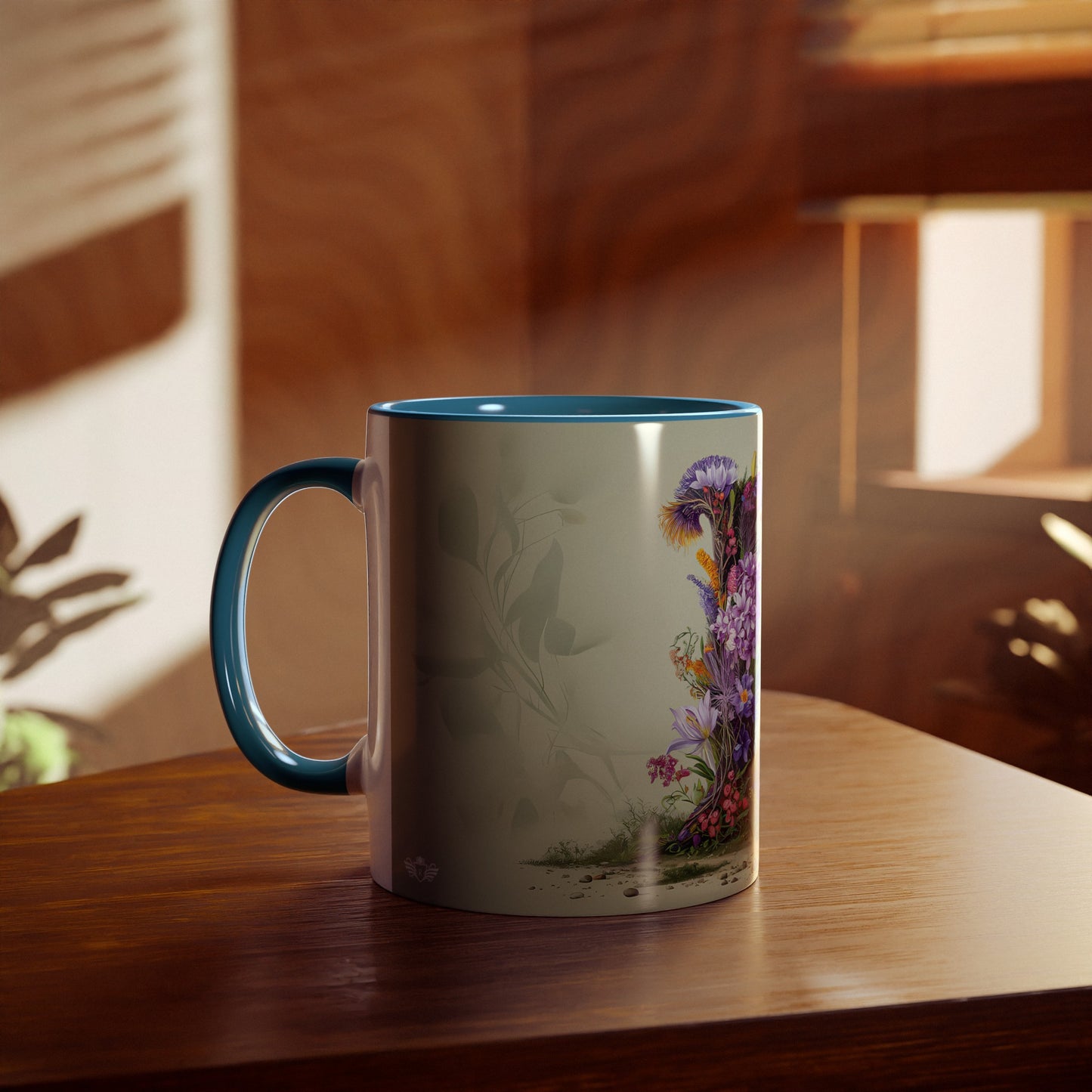 Floral Fantasy Two-Tone Ceramic Mug with Letter L Blue-04