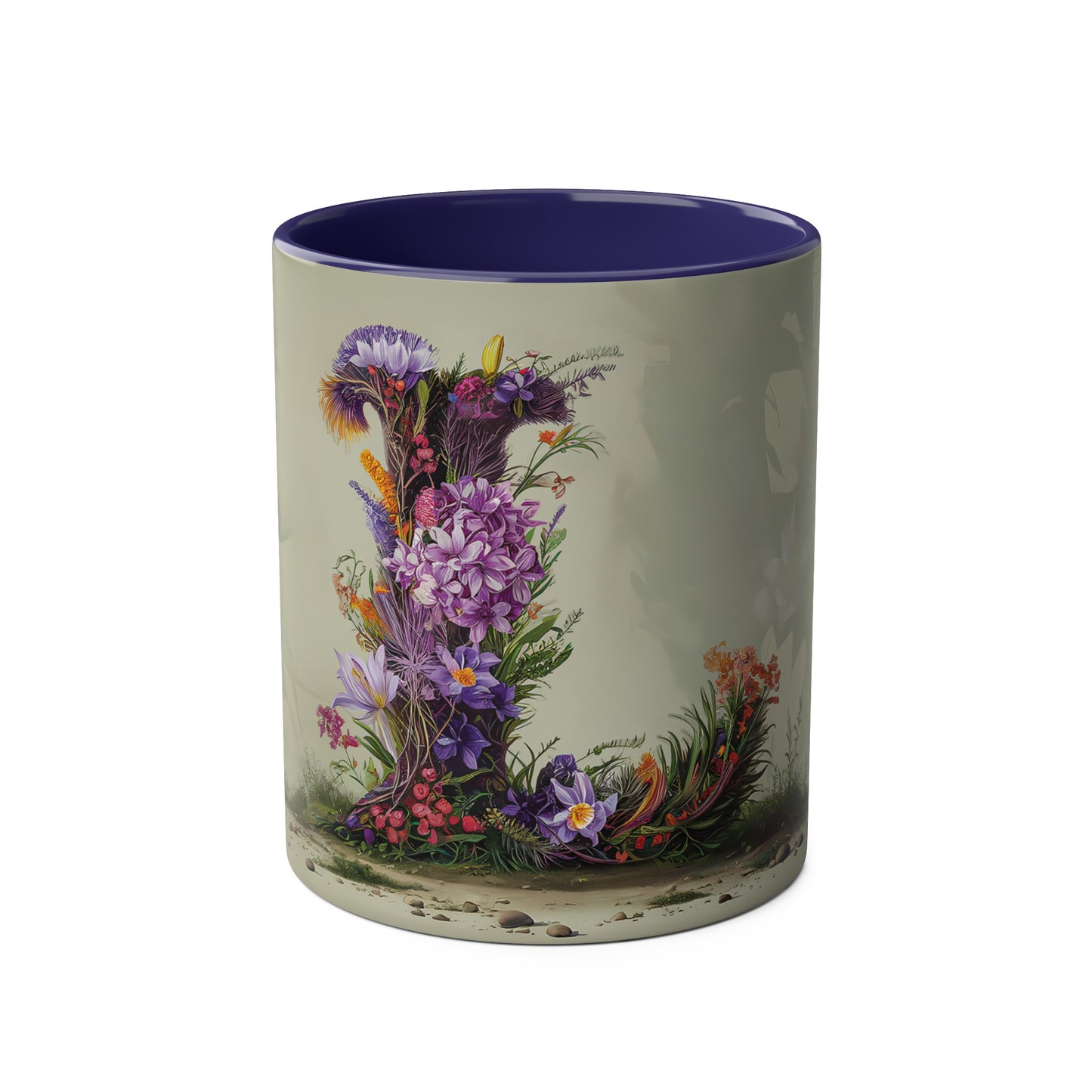 Floral Fantasy Two-Tone Ceramic Mug with Letter L Dark Blue-01