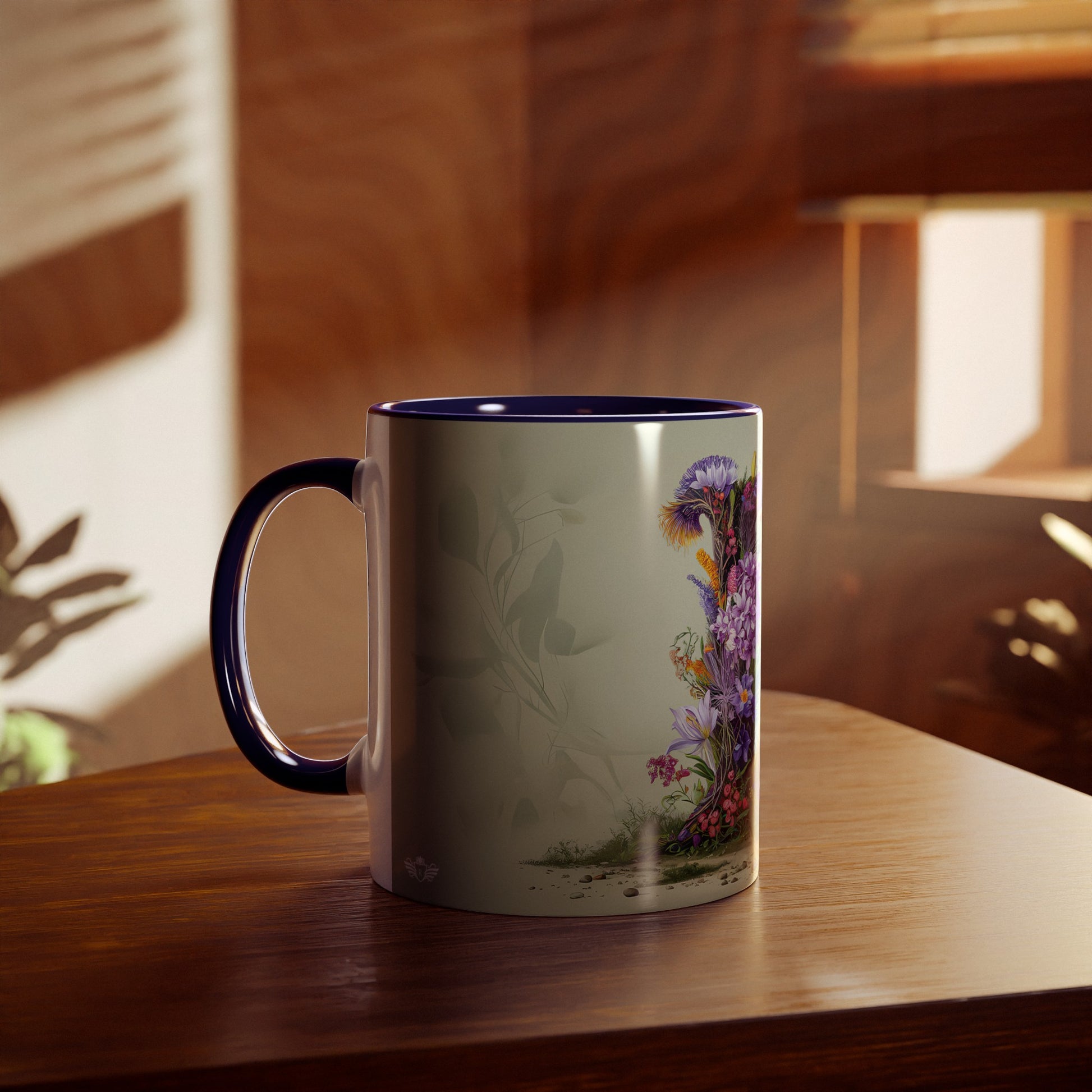 Floral Fantasy Two-Tone Ceramic Mug with Letter L Dark Blue-04