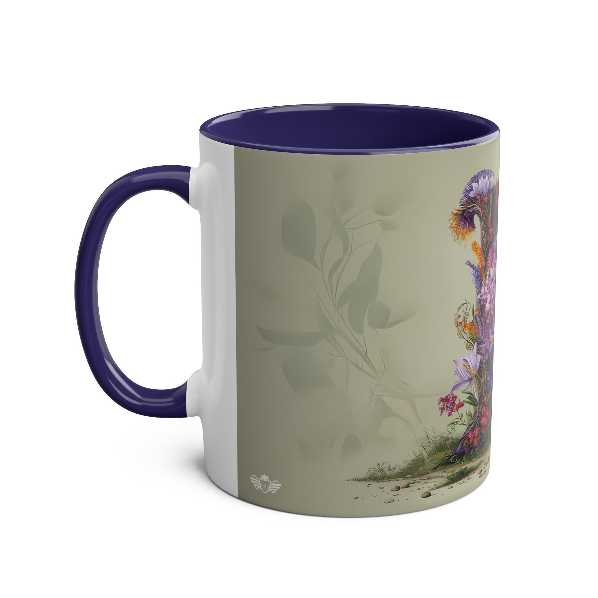 Floral Fantasy Two-Tone Ceramic Mug with Letter L Dark Blue-02