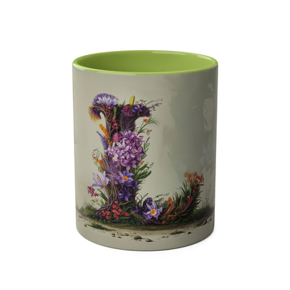 Floral Fantasy Two-Tone Ceramic Mug with Letter L