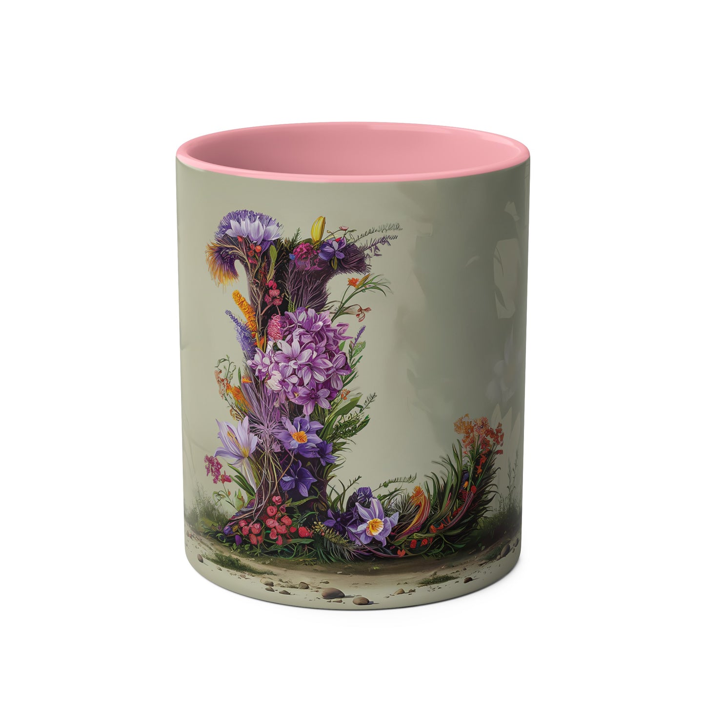 Floral Fantasy Two-Tone Ceramic Mug with Letter L Pink-01