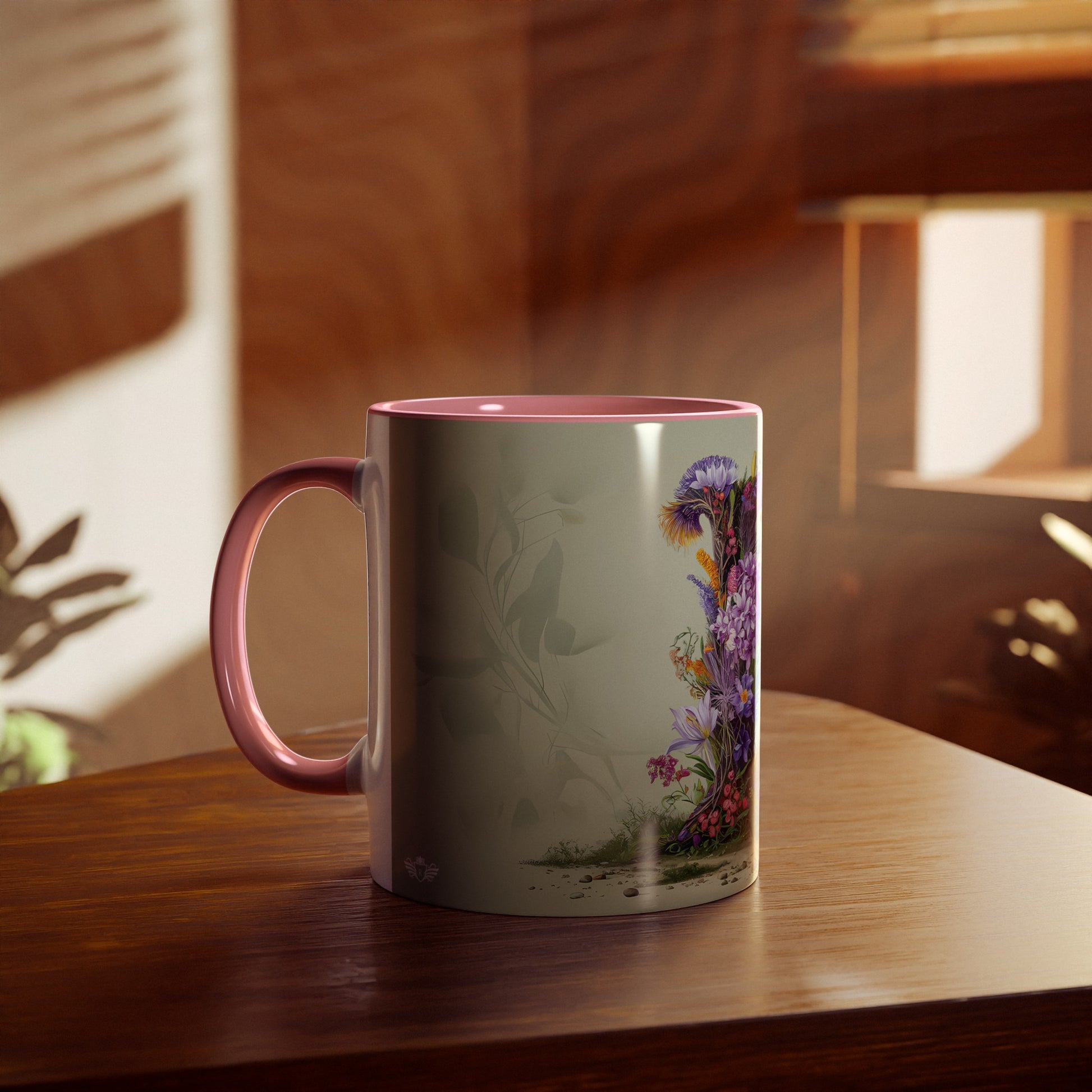 Floral Fantasy Two-Tone Ceramic Mug with Letter L Pink-04