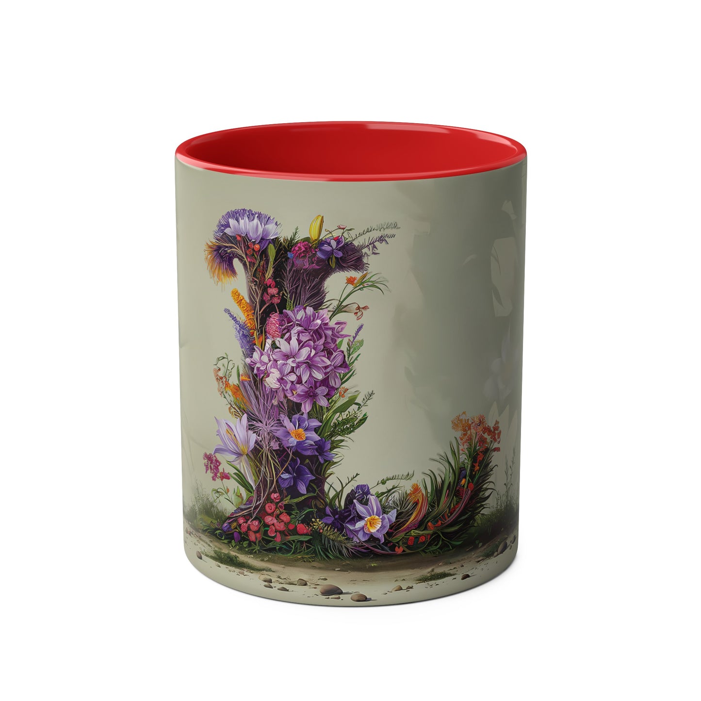 Floral Fantasy Two-Tone Ceramic Mug with Letter L Red-01