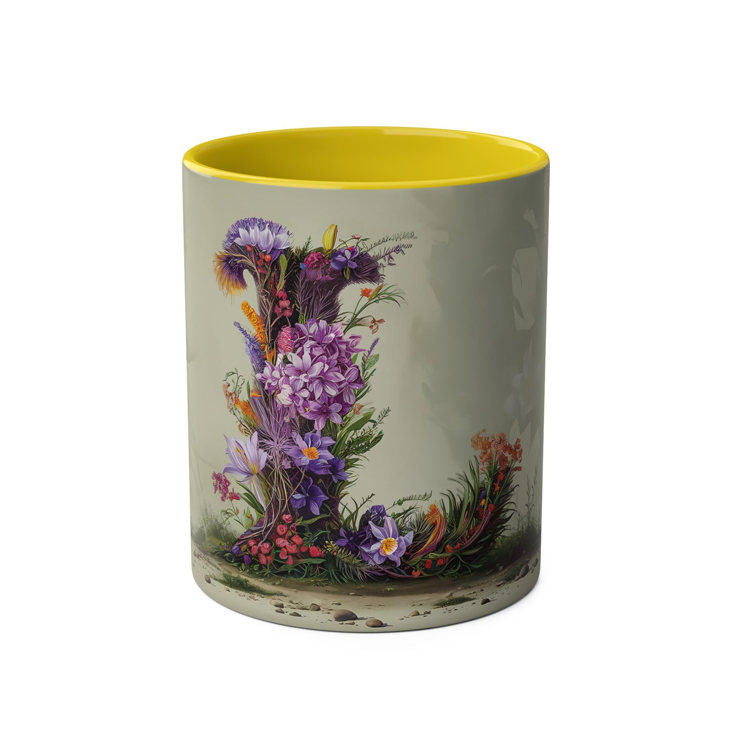 Floral Fantasy Two-Tone Ceramic Mug with Letter L Yellow-01