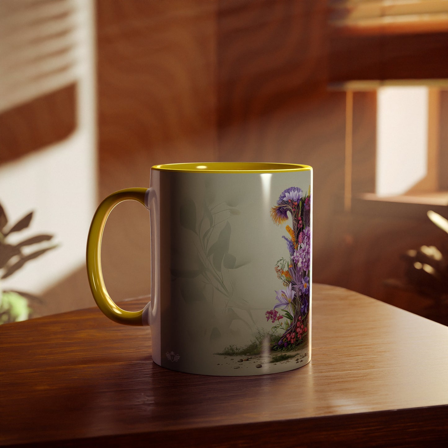 Floral Fantasy Two-Tone Ceramic Mug with Letter L Yellow-04