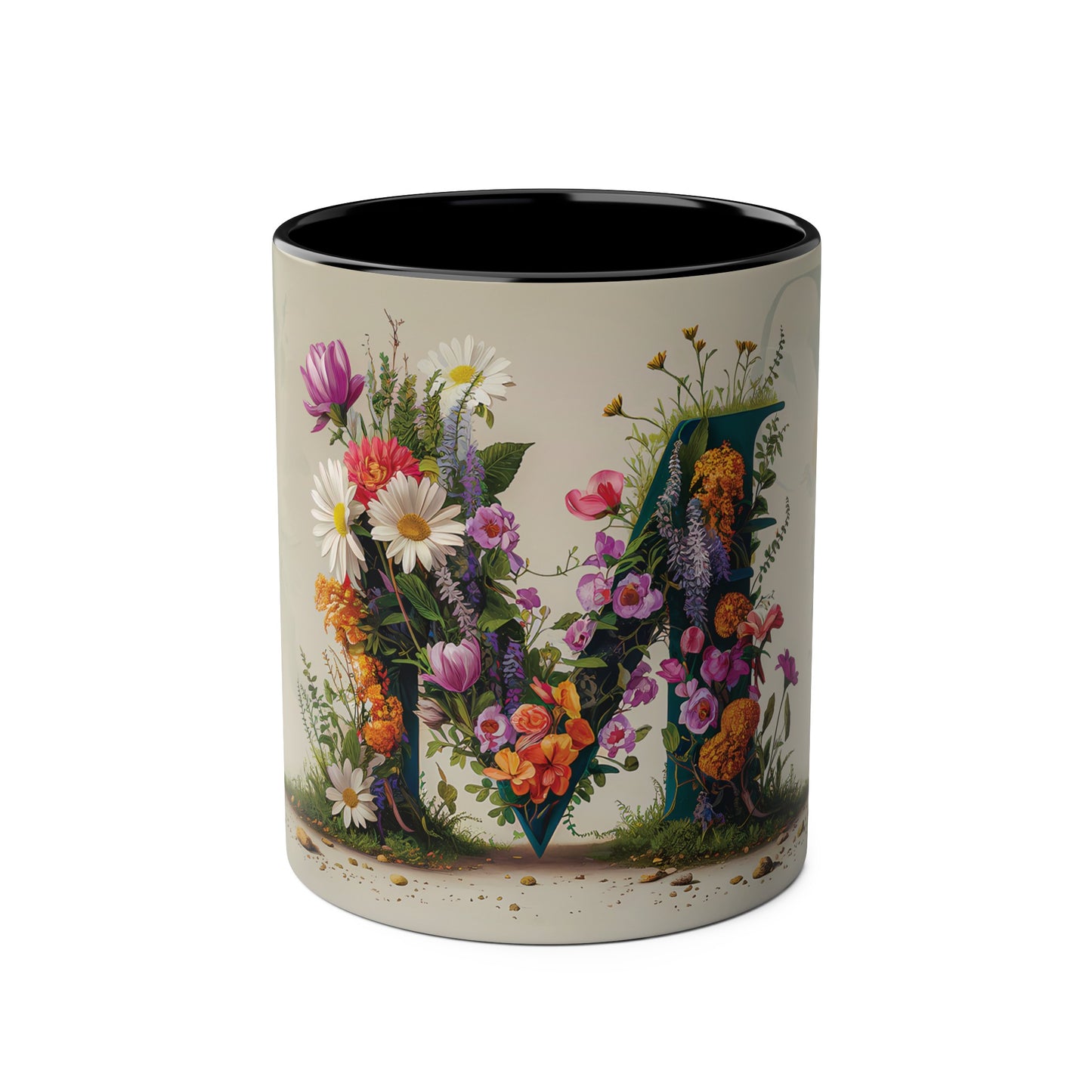 Floral Fantasy Two-Tone Ceramic Mug with Letter M Black-01