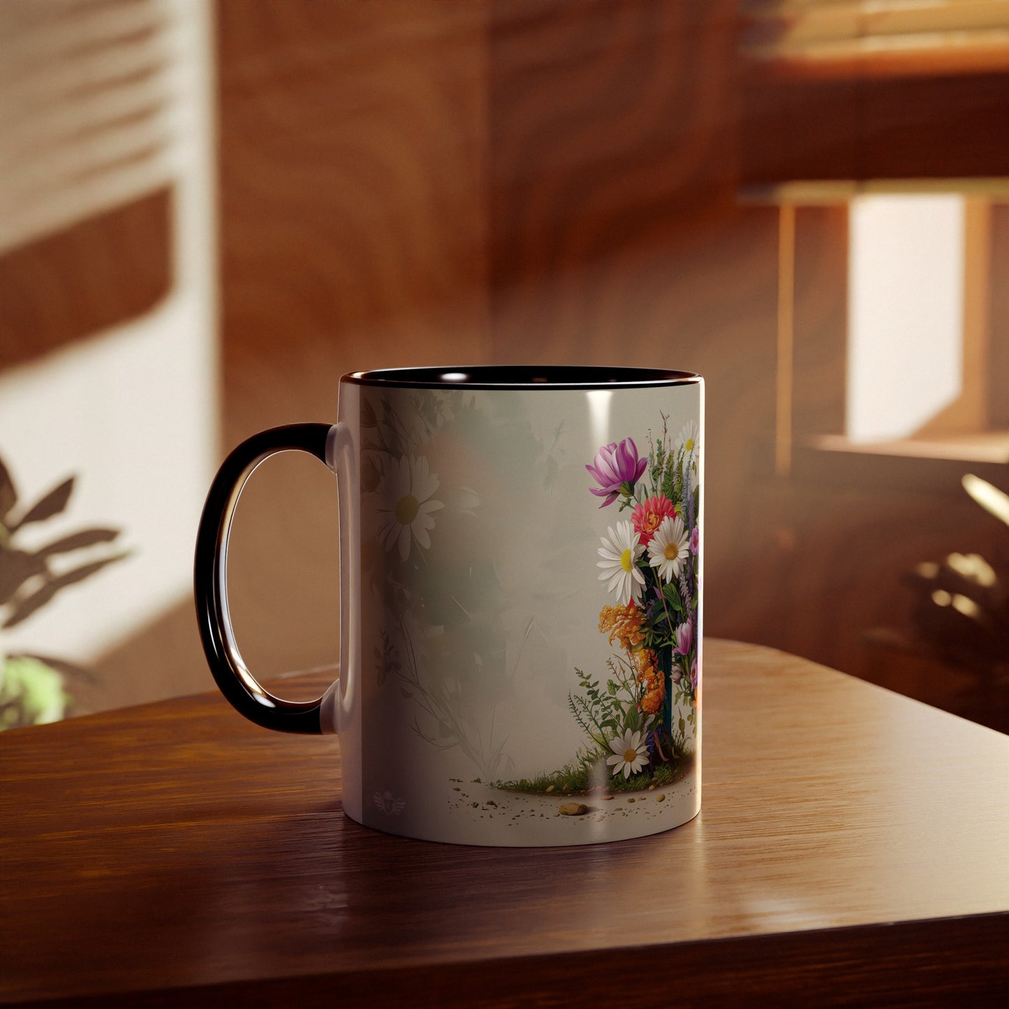 Floral Fantasy Two-Tone Ceramic Mug with Letter M Black-04