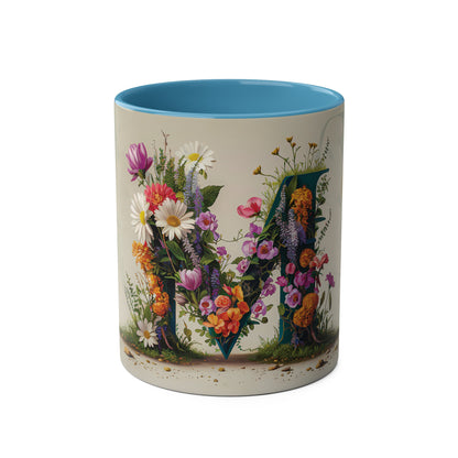 Floral Fantasy Two-Tone Ceramic Mug with Letter M Blue-01