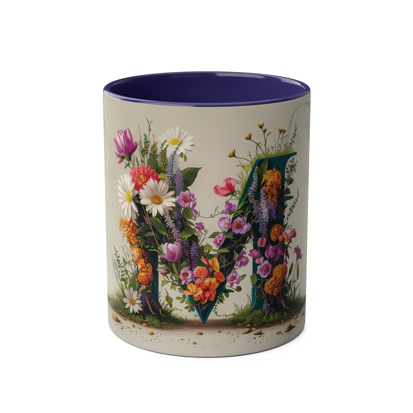 Floral Fantasy Two-Tone Ceramic Mug with Letter M Dark Blue-01