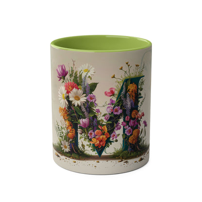 Floral Fantasy Two-Tone Ceramic Mug with Letter M