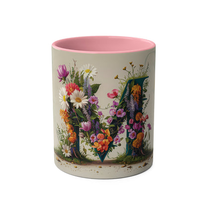 Floral Fantasy Two-Tone Ceramic Mug with Letter M Pink-01