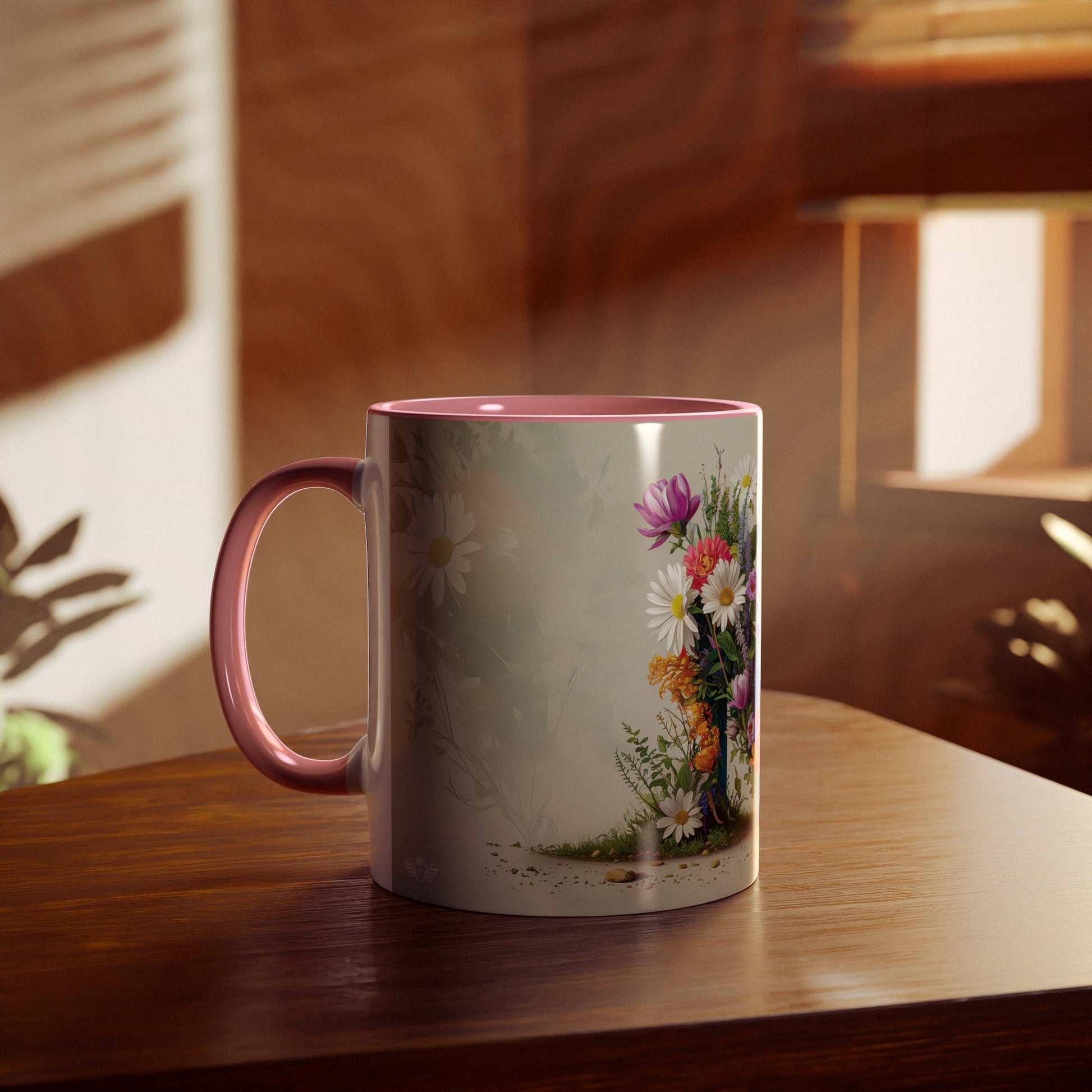 Floral Fantasy Two-Tone Ceramic Mug with Letter M Pink-04