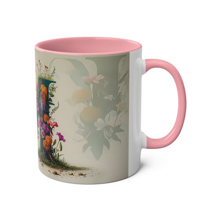 Floral Fantasy Two-Tone Ceramic Mug with Letter M Pink-03