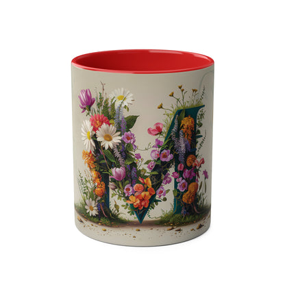 Floral Fantasy Two-Tone Ceramic Mug with Letter M Red-01