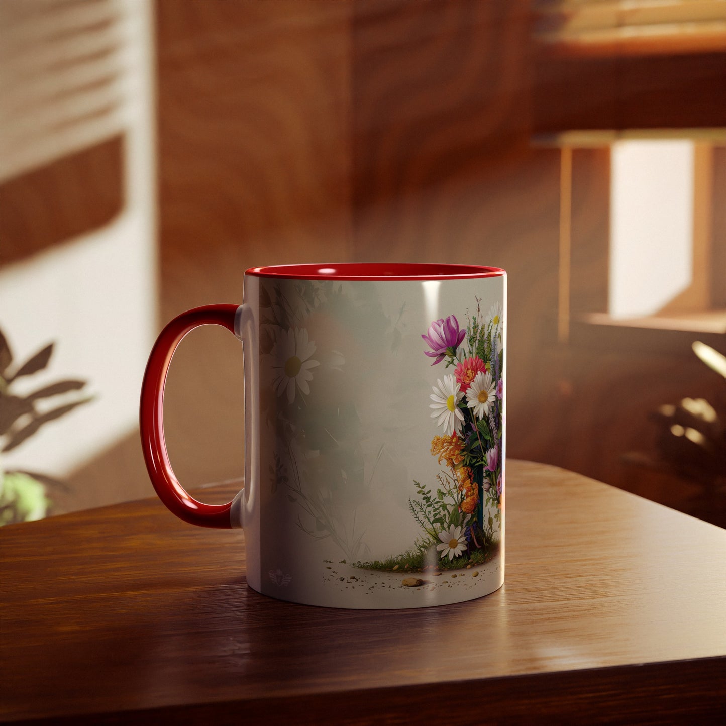 Floral Fantasy Two-Tone Ceramic Mug with Letter M Red-04