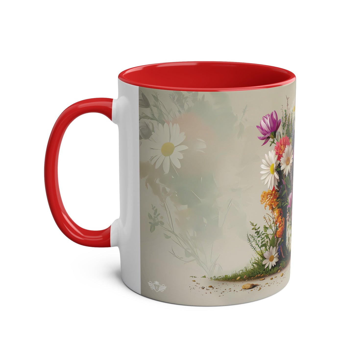 Floral Fantasy Two-Tone Ceramic Mug with Letter M Red-02