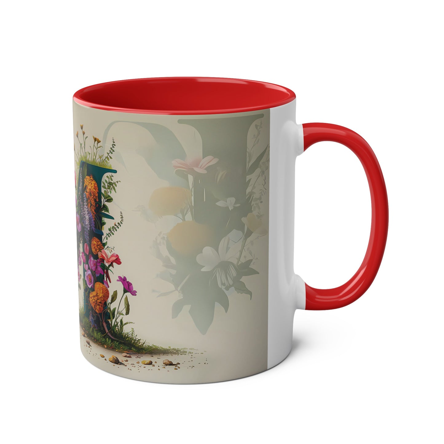 Floral Fantasy Two-Tone Ceramic Mug with Letter M Red-03