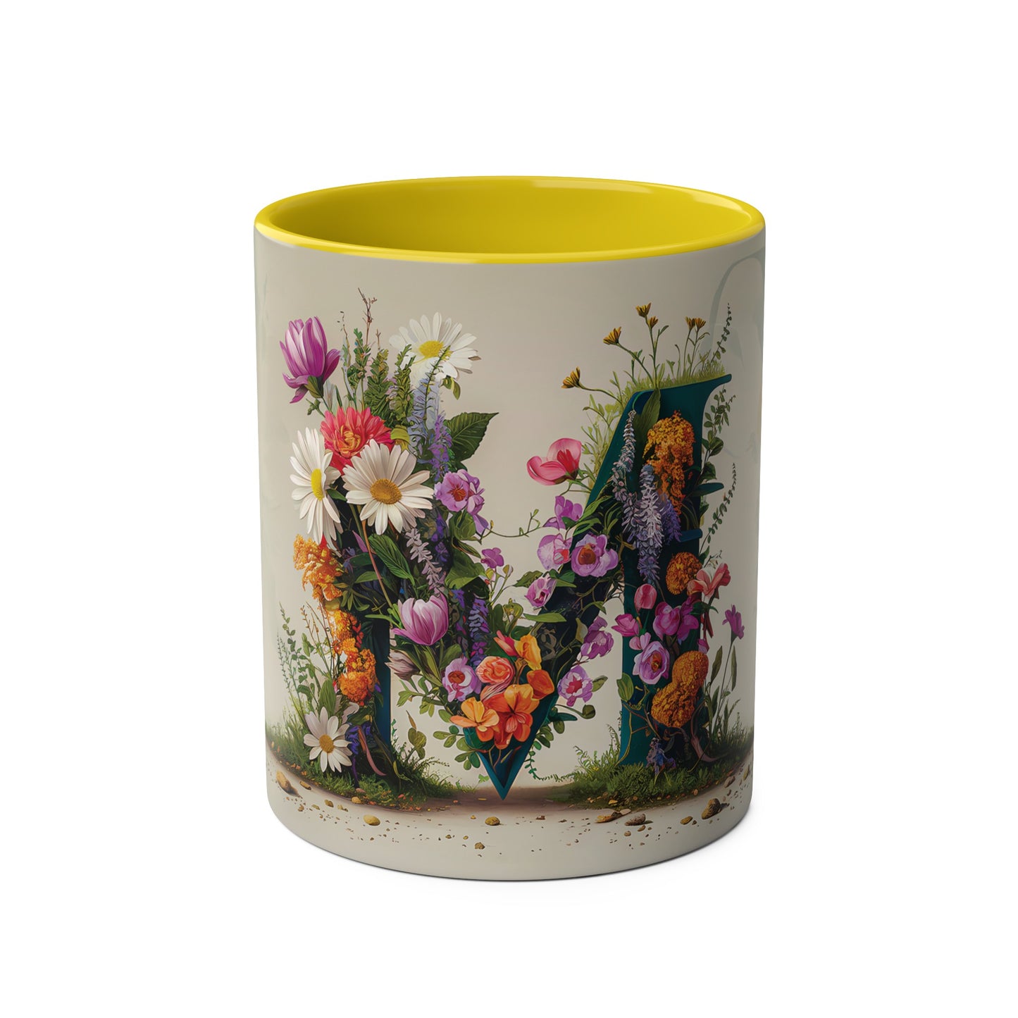 Floral Fantasy Two-Tone Ceramic Mug with Letter M Yellow-01