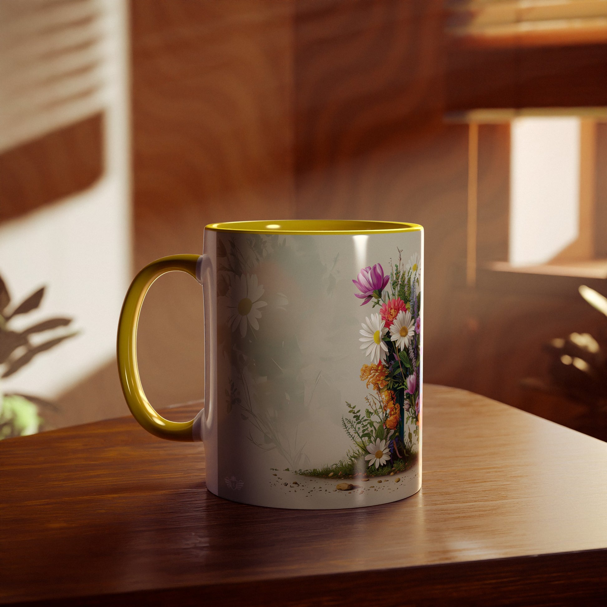 Floral Fantasy Two-Tone Ceramic Mug with Letter M Yellow-04