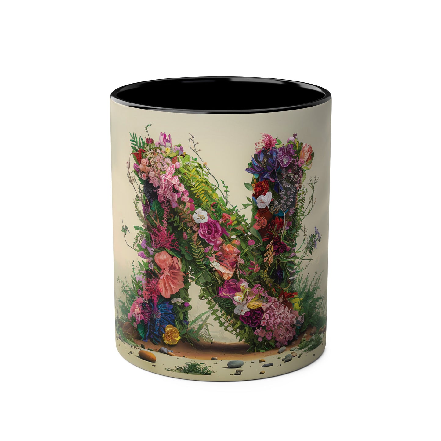 Floral Fantasy Two-Tone Ceramic Mug with Letter N Black-01