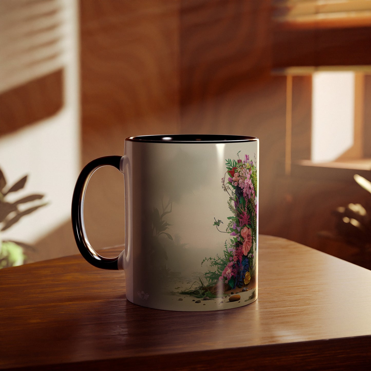 Floral Fantasy Two-Tone Ceramic Mug with Letter N Black-04