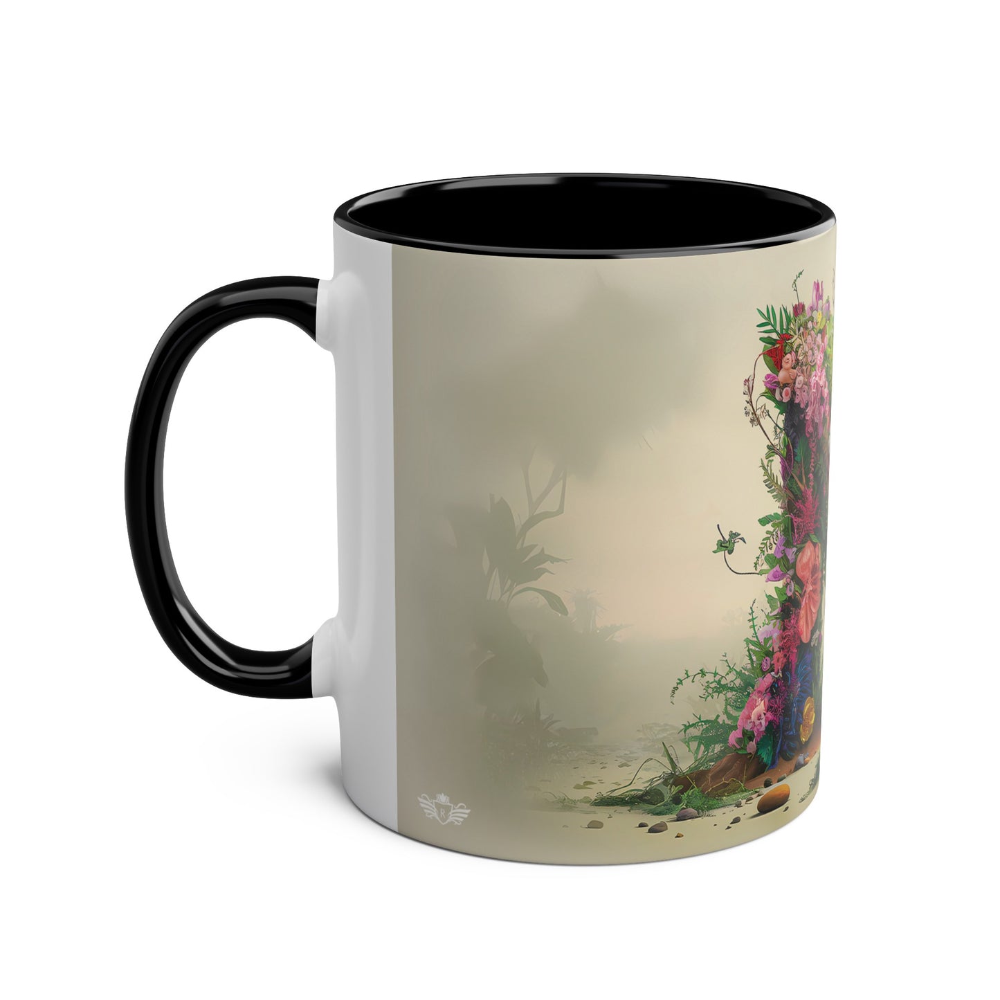 Floral Fantasy Two-Tone Ceramic Mug with Letter N Black-02