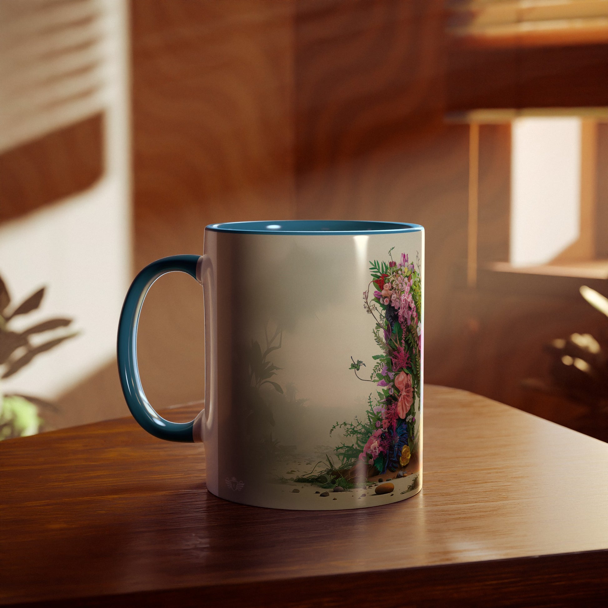 Floral Fantasy Two-Tone Ceramic Mug with Letter N Blue-04