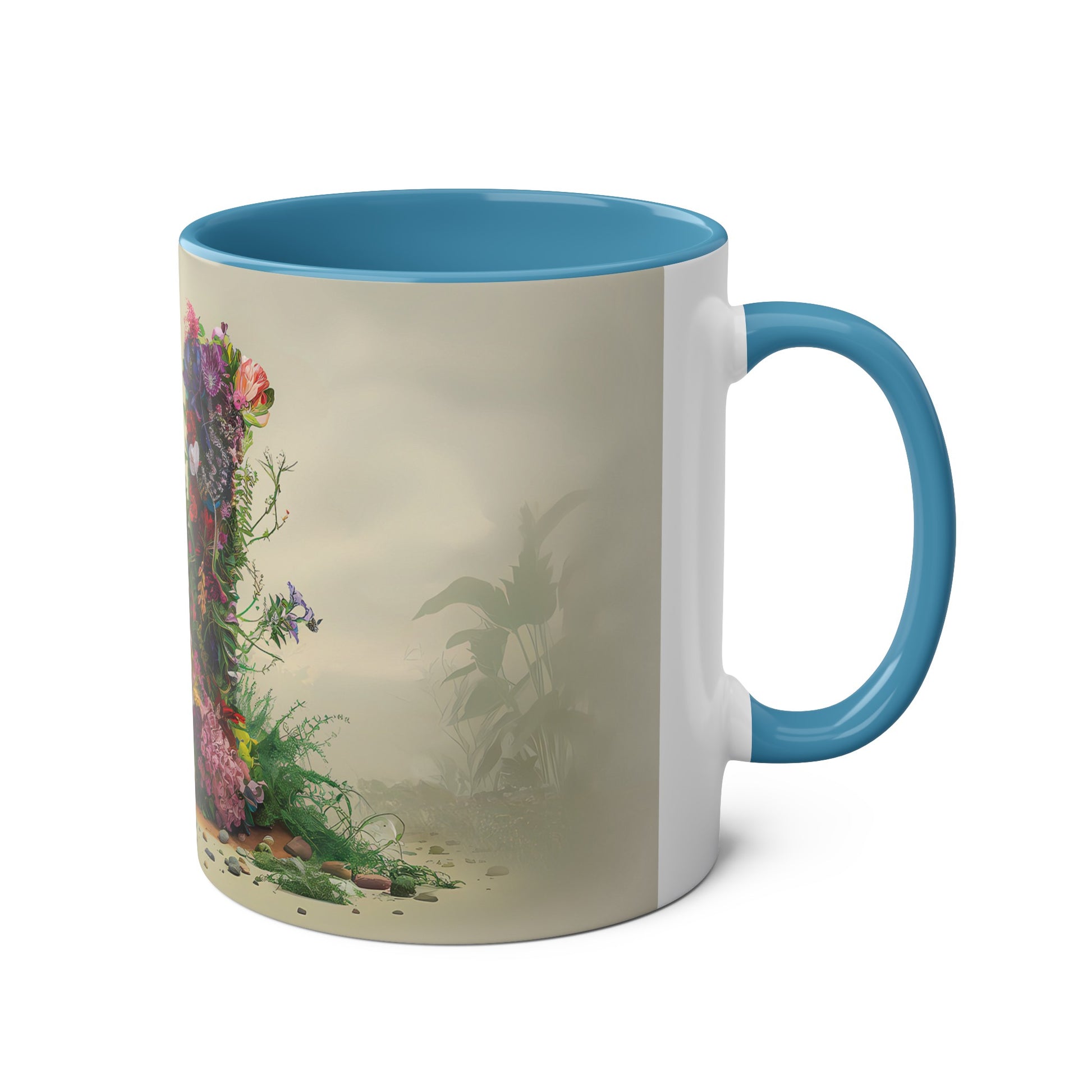 Floral Fantasy Two-Tone Ceramic Mug with Letter N Blue-03