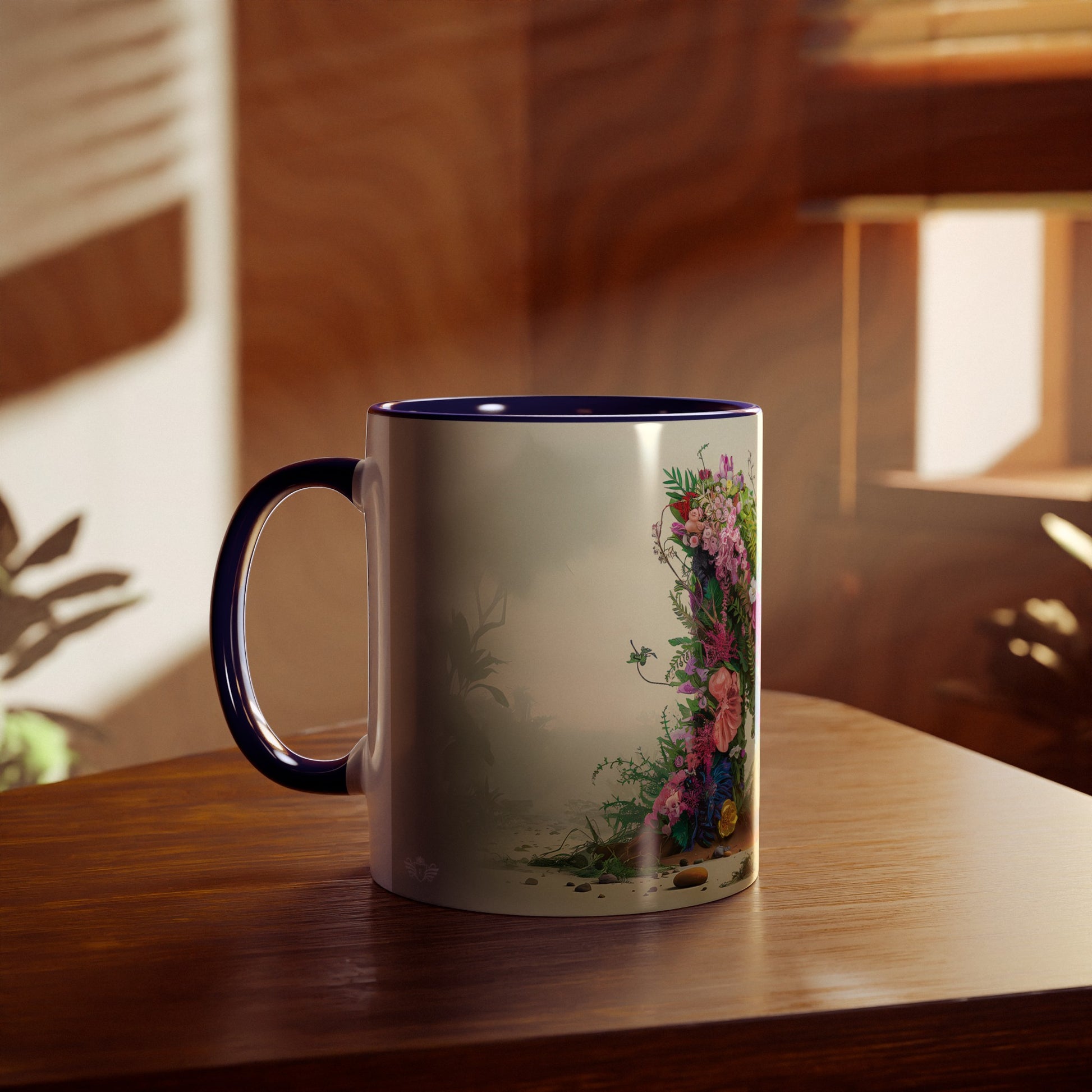 Floral Fantasy Two-Tone Ceramic Mug with Letter N Dark Blue-04