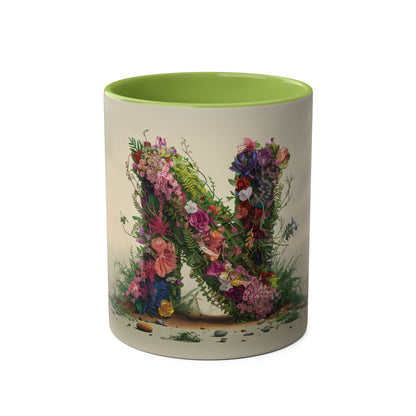 Floral Fantasy Two-Tone Ceramic Mug with Letter N