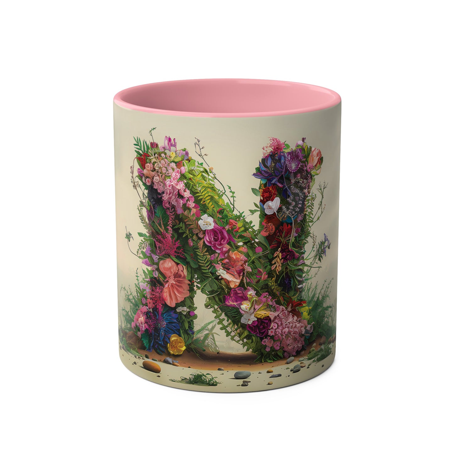 Floral Fantasy Two-Tone Ceramic Mug with Letter N Pink-01