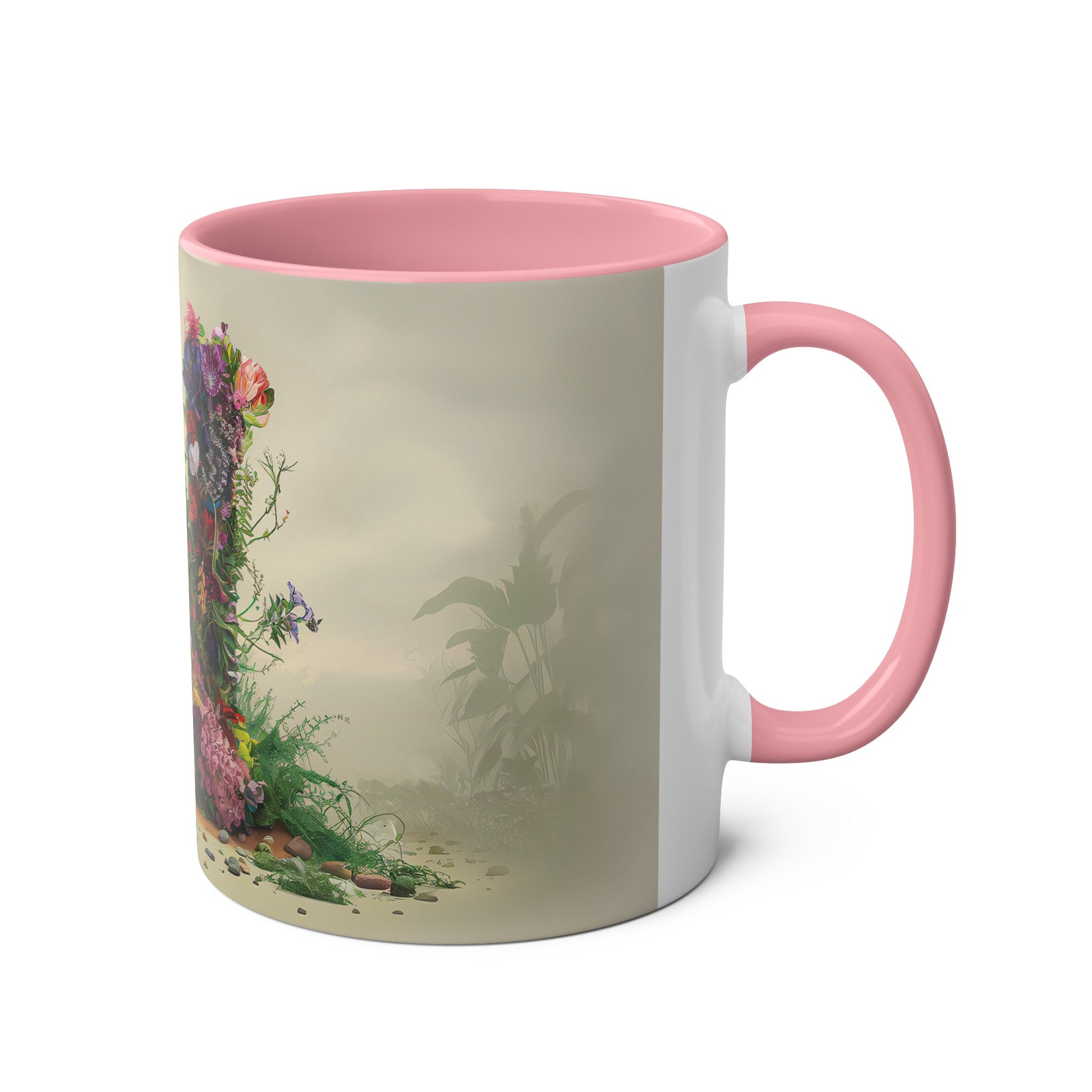 Floral Fantasy Two-Tone Ceramic Mug with Letter N Pink-03