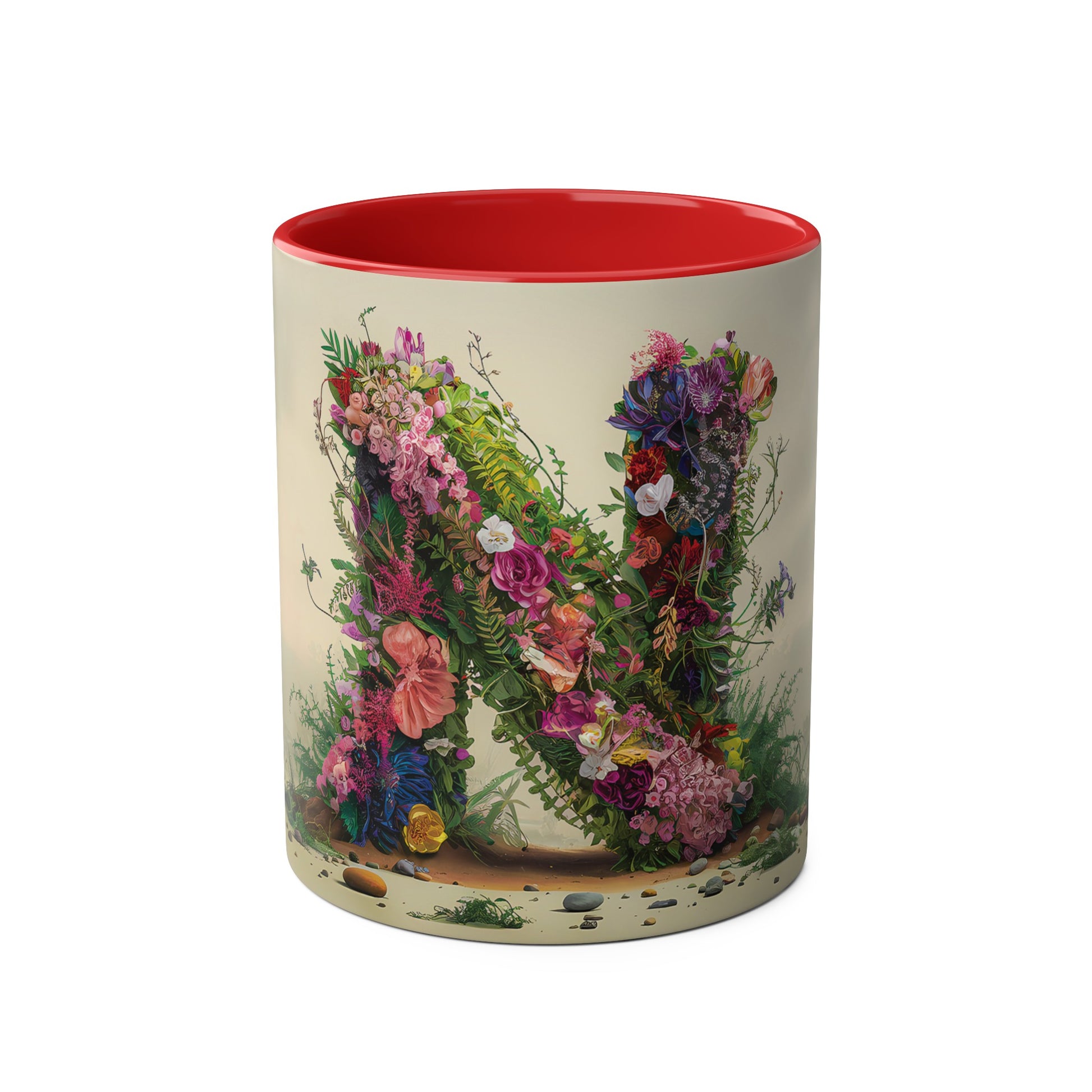 Floral Fantasy Two-Tone Ceramic Mug with Letter N Red-01