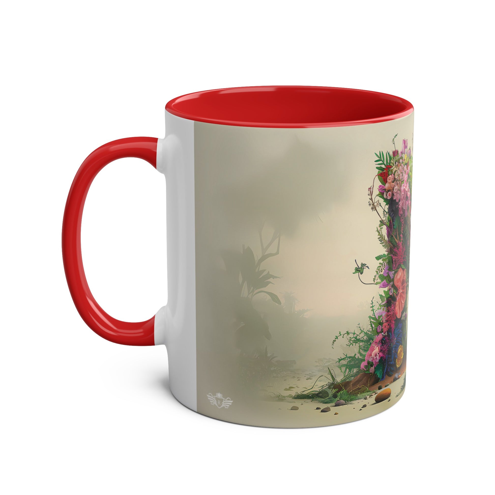 Floral Fantasy Two-Tone Ceramic Mug with Letter N Red-02