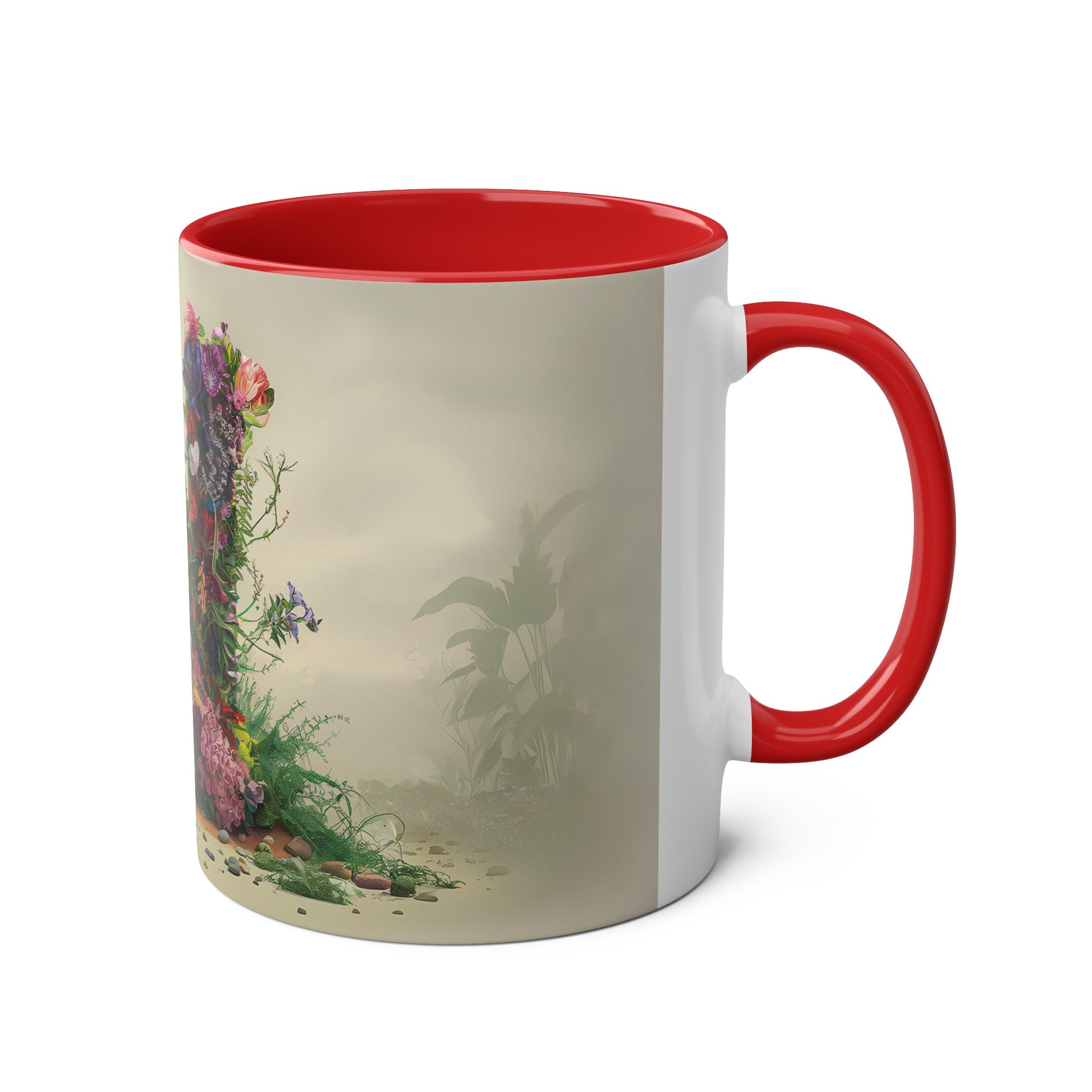 Floral Fantasy Two-Tone Ceramic Mug with Letter N Red-03