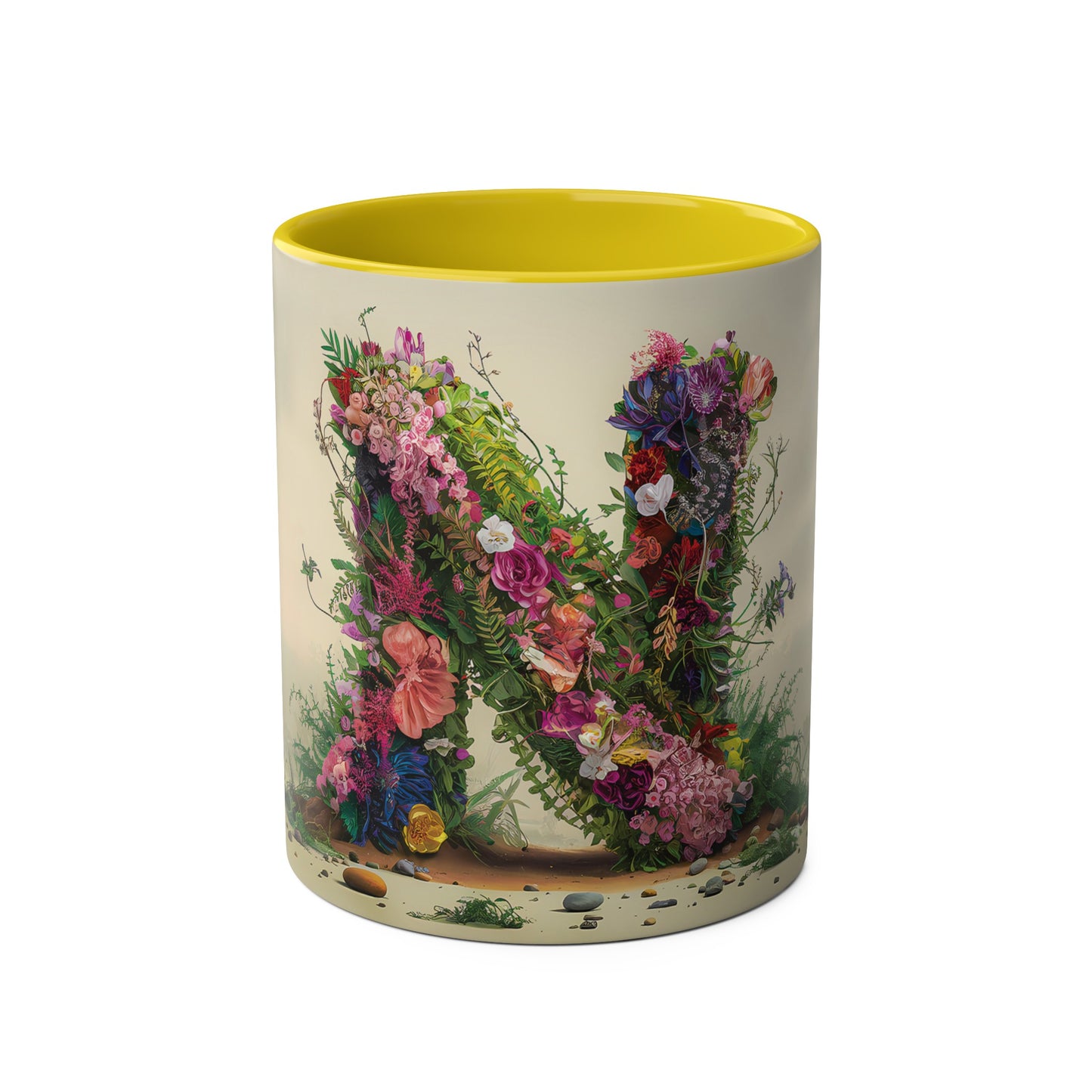 Floral Fantasy Two-Tone Ceramic Mug with Letter N Yellow-01