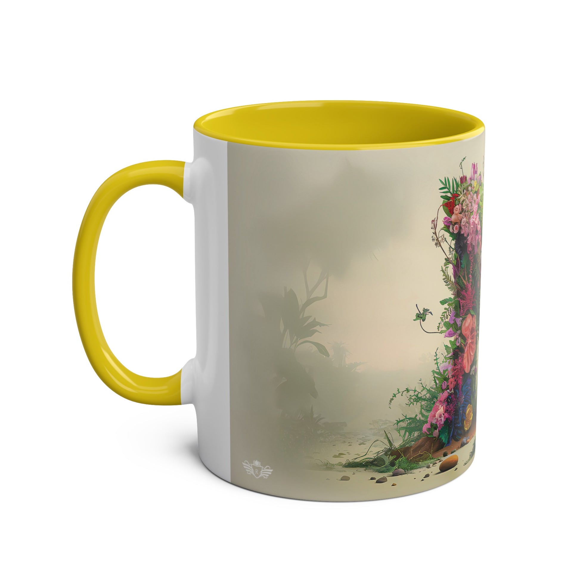 Floral Fantasy Two-Tone Ceramic Mug with Letter N Yellow-02