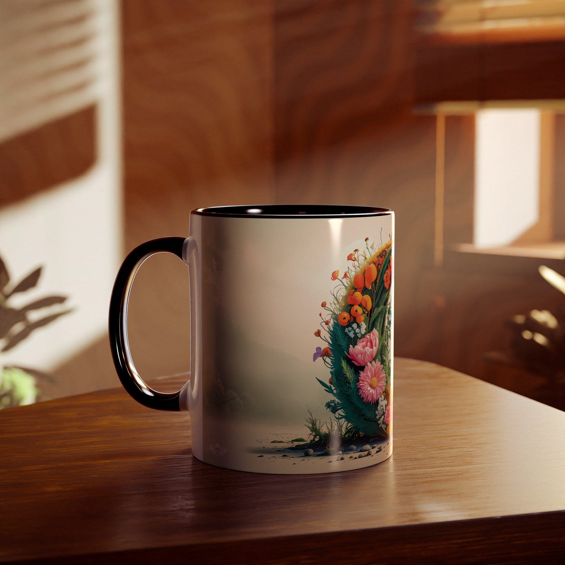 Floral Fantasy Two-Tone Ceramic Mug with Letter O Black-04