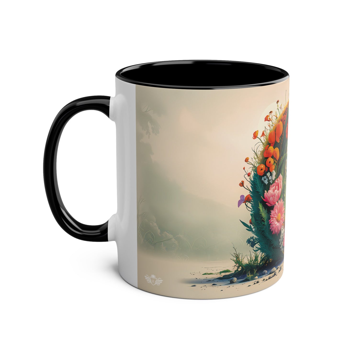 Floral Fantasy Two-Tone Ceramic Mug with Letter O Black-02